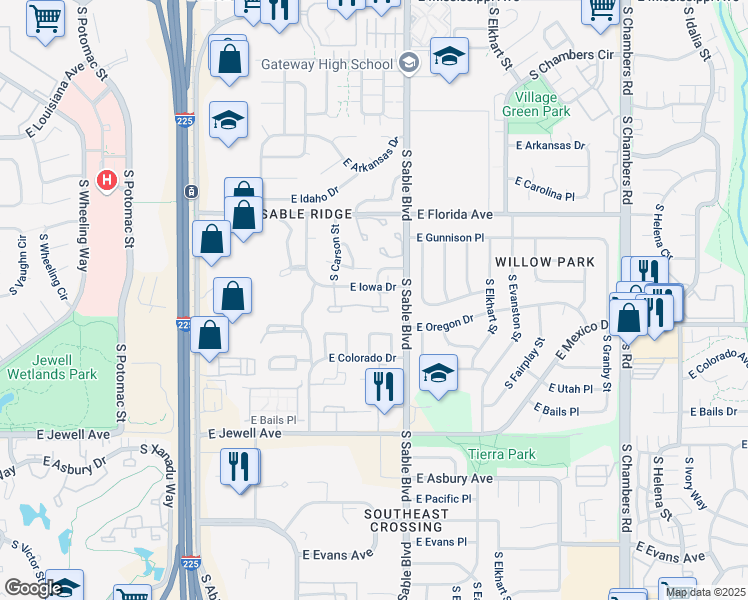 map of restaurants, bars, coffee shops, grocery stores, and more near 14401 East Iowa Drive in Aurora