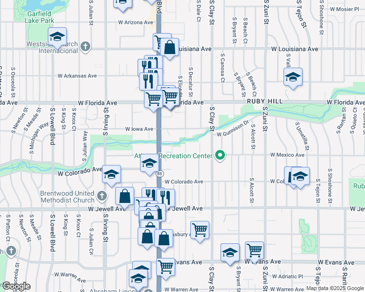 map of restaurants, bars, coffee shops, grocery stores, and more near Sanderson Gulch Trail in Denver