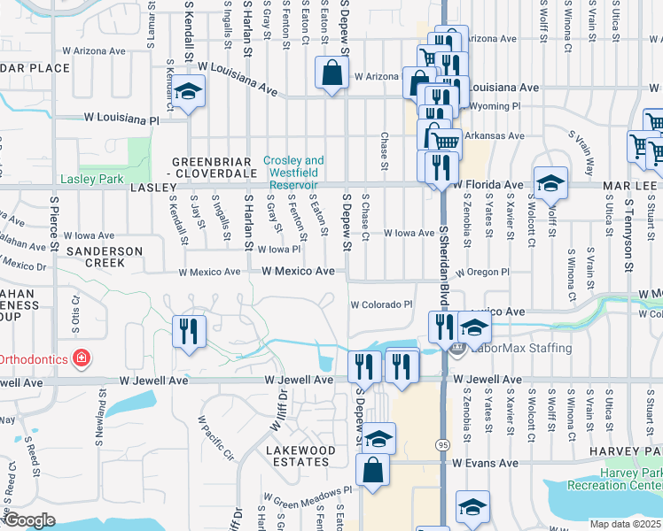 map of restaurants, bars, coffee shops, grocery stores, and more near 1632 South Eaton Street in Lakewood