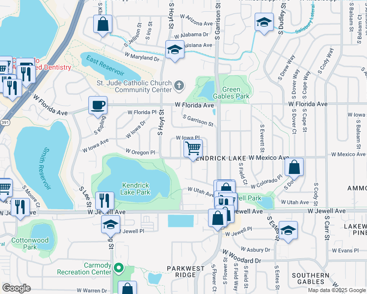 map of restaurants, bars, coffee shops, grocery stores, and more near 1614 South Holland Street in Lakewood