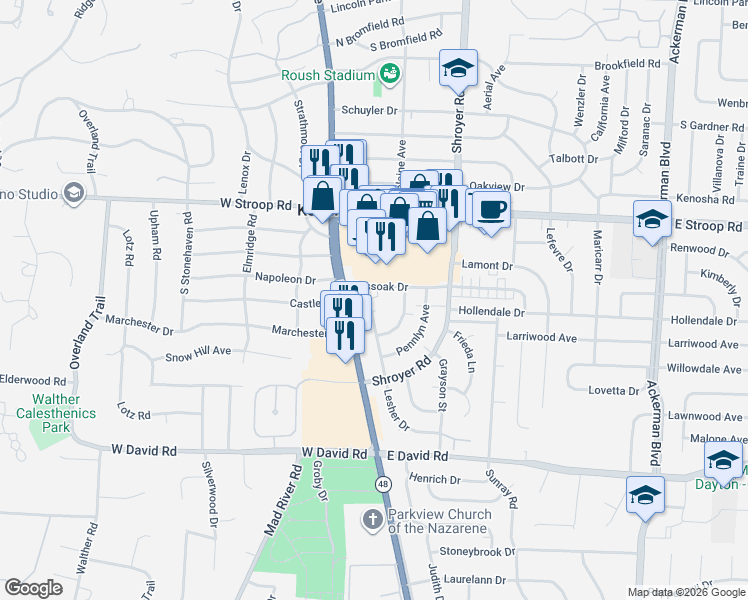 map of restaurants, bars, coffee shops, grocery stores, and more near 4210 Lesher Drive in Dayton