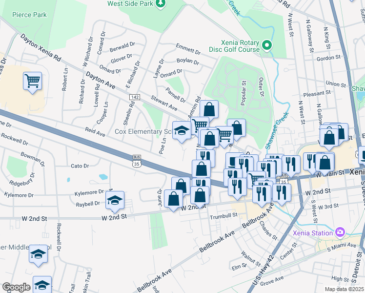 map of restaurants, bars, coffee shops, grocery stores, and more near 506 Dayton Avenue in Xenia