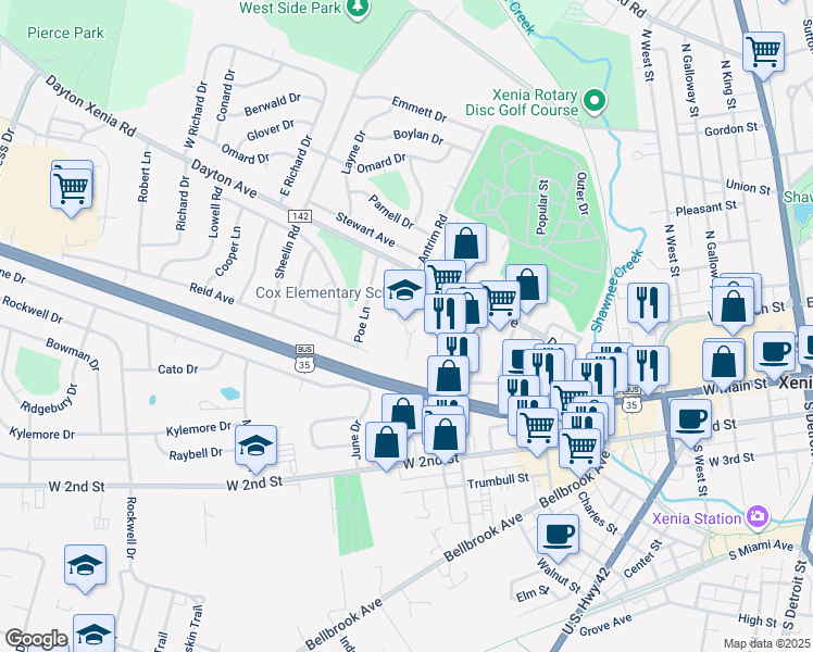 map of restaurants, bars, coffee shops, grocery stores, and more near 506 Dayton Avenue in Xenia