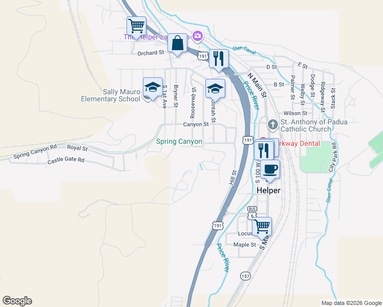 map of restaurants, bars, coffee shops, grocery stores, and more near 357 Hill Street in Helper
