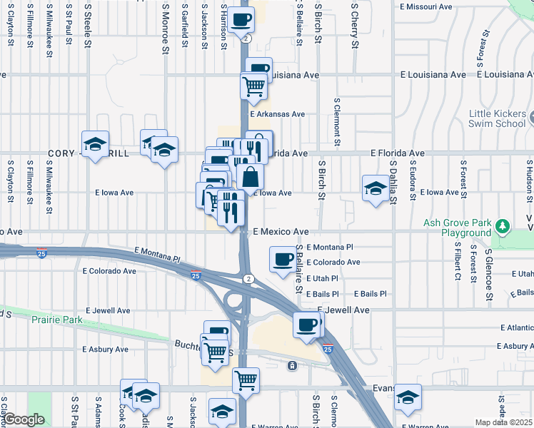 map of restaurants, bars, coffee shops, grocery stores, and more near 1601 South Albion Street in Denver