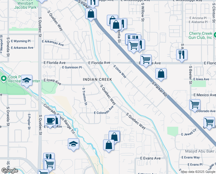map of restaurants, bars, coffee shops, grocery stores, and more near 1640 South Quebec Way in Denver