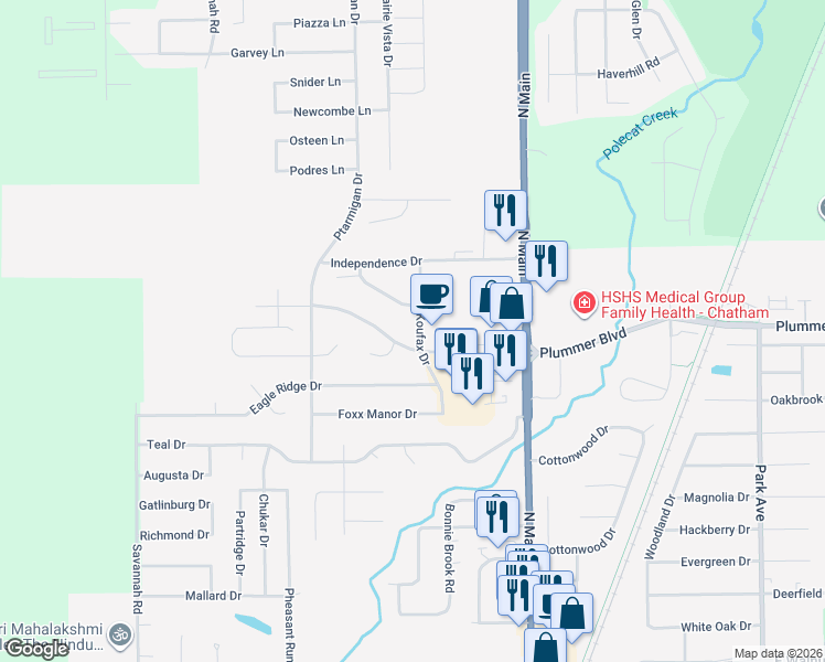 map of restaurants, bars, coffee shops, grocery stores, and more near Koufax Drive in Chatham