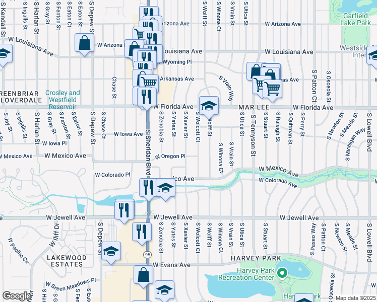 map of restaurants, bars, coffee shops, grocery stores, and more near 1630 South Xavier Street in Denver