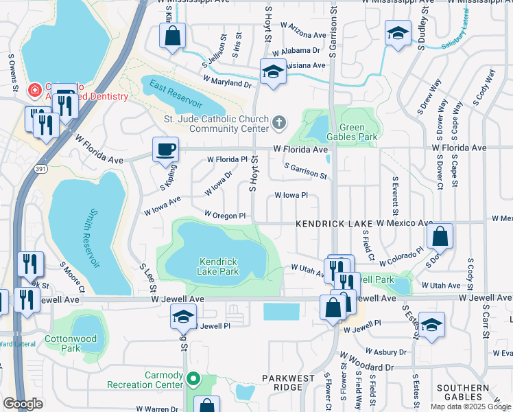 map of restaurants, bars, coffee shops, grocery stores, and more near 1637 South Holland Court in Lakewood