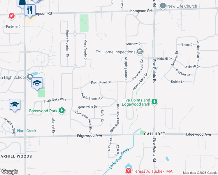 map of restaurants, bars, coffee shops, grocery stores, and more near 6641 Front Point Drive in Indianapolis
