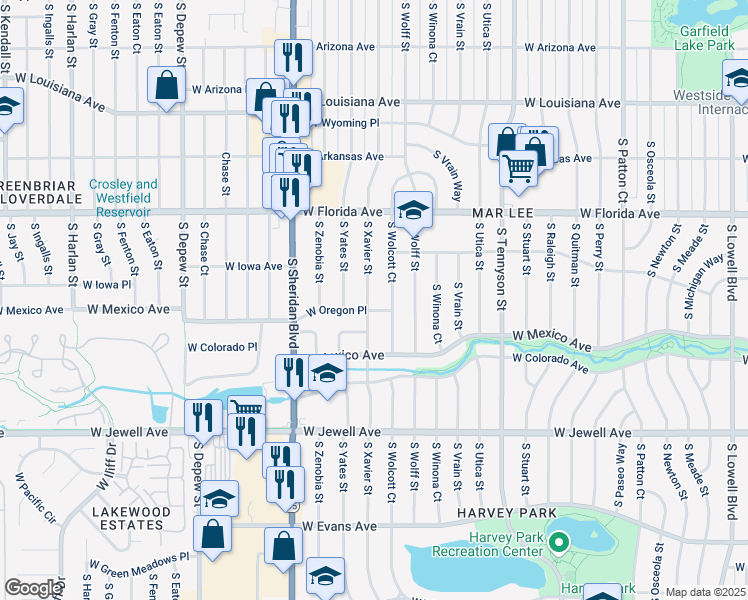 map of restaurants, bars, coffee shops, grocery stores, and more near 1630 South Xavier Street in Denver