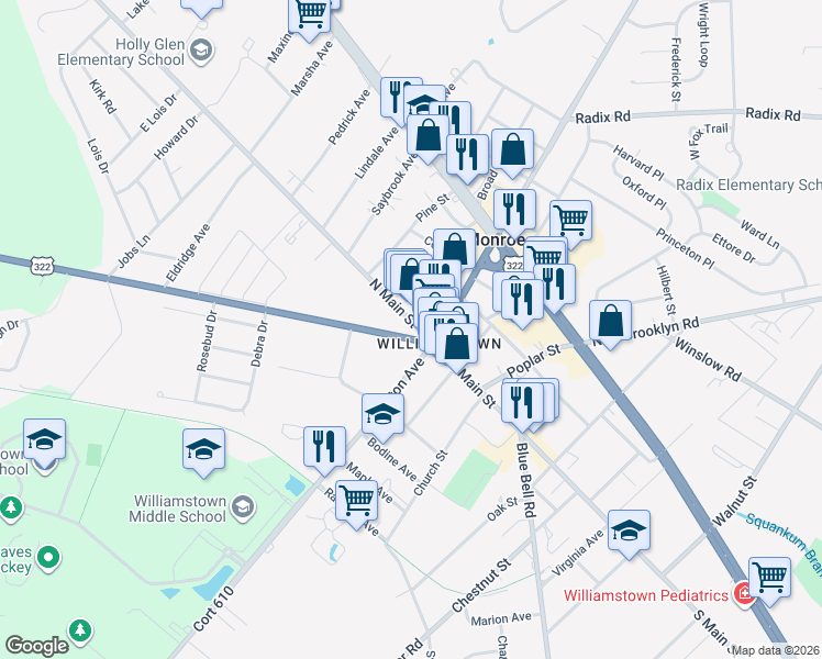 map of restaurants, bars, coffee shops, grocery stores, and more near 53 North Main Street in Monroe