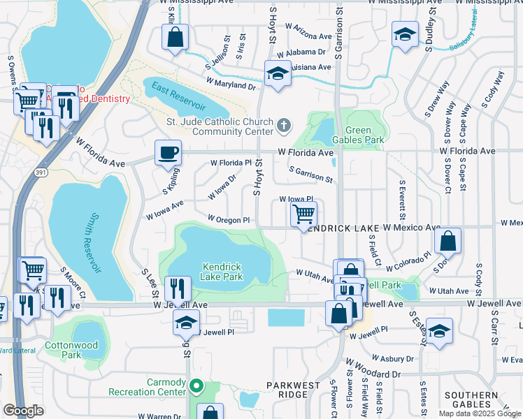 map of restaurants, bars, coffee shops, grocery stores, and more near 1637 South Holland Court in Lakewood