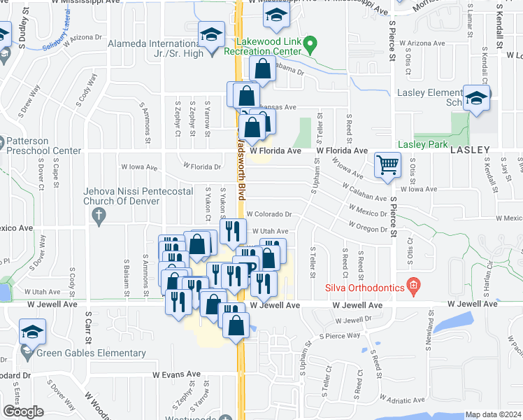 map of restaurants, bars, coffee shops, grocery stores, and more near 7485 West Colorado Drive in Lakewood