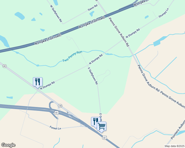 map of restaurants, bars, coffee shops, grocery stores, and more near 61 North Stumpy Road in Penns Grove