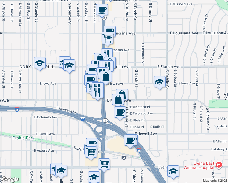 map of restaurants, bars, coffee shops, grocery stores, and more near 4150 East Iowa Avenue in Denver
