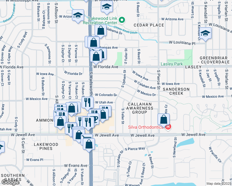 map of restaurants, bars, coffee shops, grocery stores, and more near 7305 West Colorado Drive in Lakewood