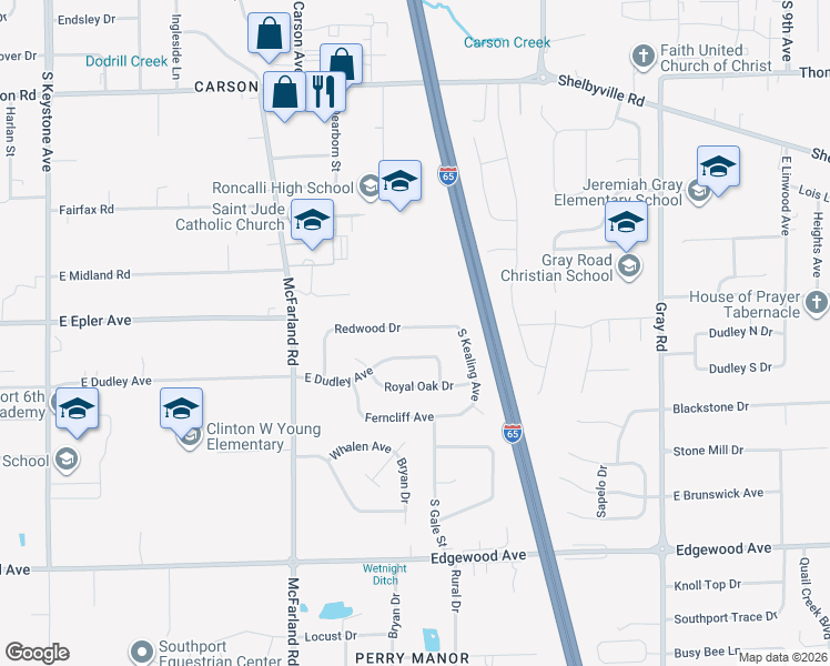 map of restaurants, bars, coffee shops, grocery stores, and more near 3501 Redwood Drive in Indianapolis