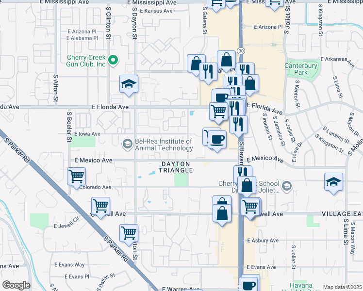 map of restaurants, bars, coffee shops, grocery stores, and more near 10097 East Hawaii Place in Denver