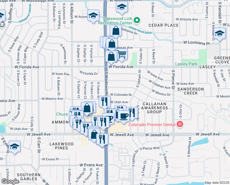 map of restaurants, bars, coffee shops, grocery stores, and more near 7485 West Colorado Drive in Lakewood
