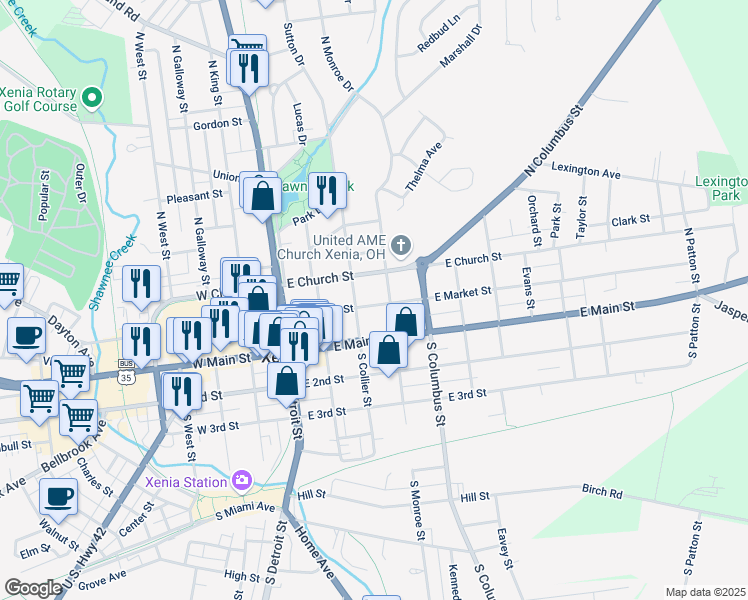 map of restaurants, bars, coffee shops, grocery stores, and more near 224 East Market Street in Xenia