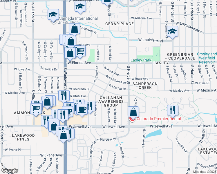map of restaurants, bars, coffee shops, grocery stores, and more near 1692 South Quay Drive in Lakewood