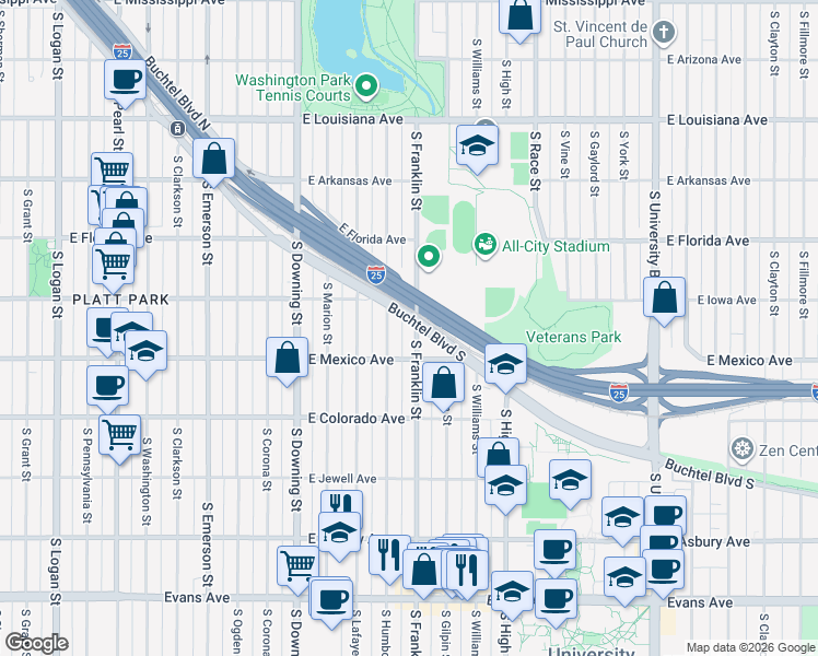 map of restaurants, bars, coffee shops, grocery stores, and more near 1615 South Franklin Street in Denver