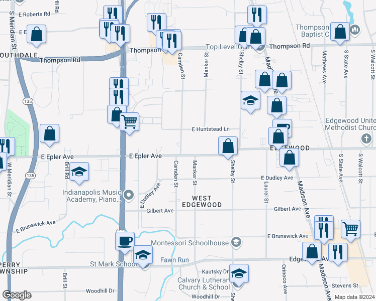 map of restaurants, bars, coffee shops, grocery stores, and more near 836 East Epler Avenue in Indianapolis