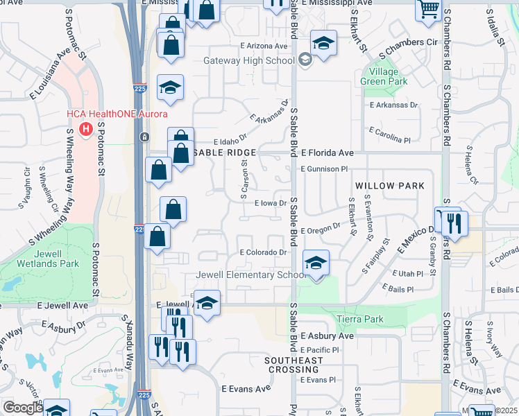 map of restaurants, bars, coffee shops, grocery stores, and more near 14269 East Iowa Drive in Aurora
