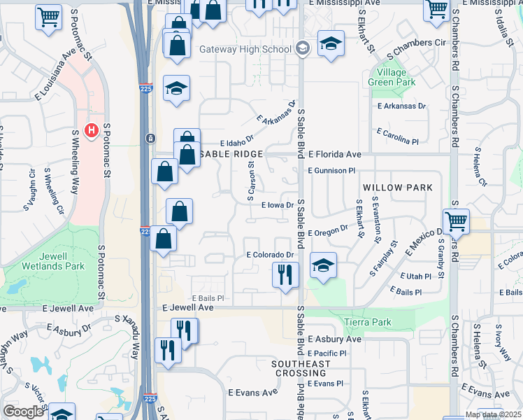 map of restaurants, bars, coffee shops, grocery stores, and more near 14269 East Iowa Drive in Aurora