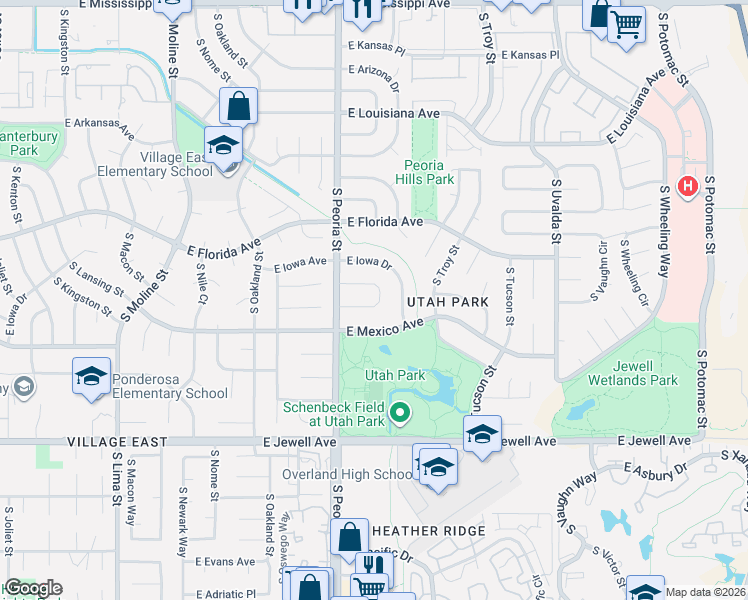 map of restaurants, bars, coffee shops, grocery stores, and more near 12192 East Hawaii Drive in Aurora