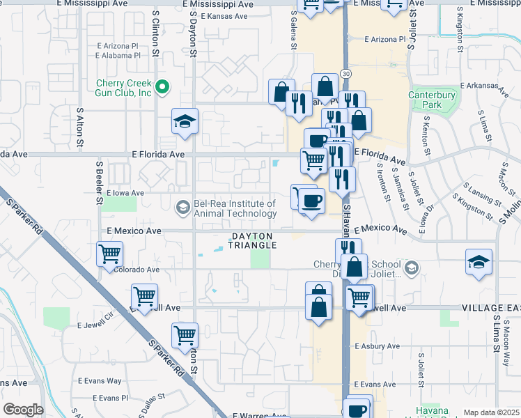 map of restaurants, bars, coffee shops, grocery stores, and more near 10097 East Hawaii Place in Denver