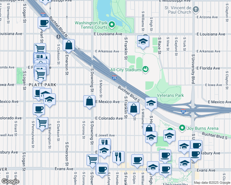map of restaurants, bars, coffee shops, grocery stores, and more near 1625 South Humboldt Street in Denver
