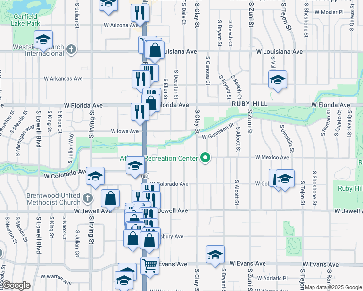 map of restaurants, bars, coffee shops, grocery stores, and more near Sanderson Gulch Trail in Denver