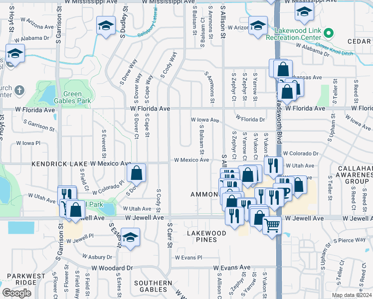 map of restaurants, bars, coffee shops, grocery stores, and more near 1659 South Brentwood Street in Lakewood