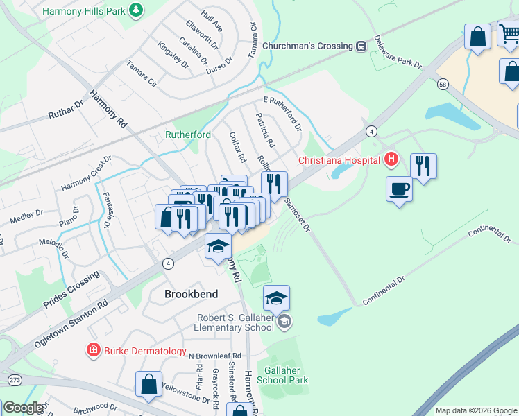 map of restaurants, bars, coffee shops, grocery stores, and more near 4614 Ogletown Stanton Road in Newark