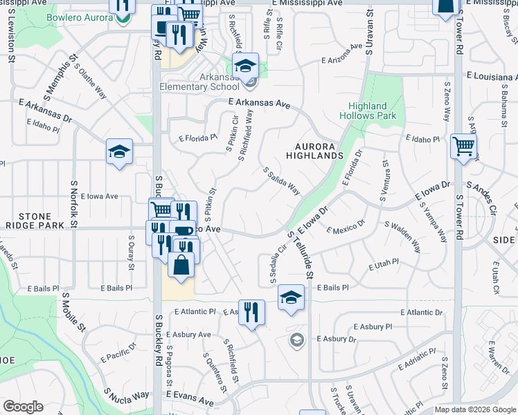 map of restaurants, bars, coffee shops, grocery stores, and more near 1638 South Sedalia Street in Aurora
