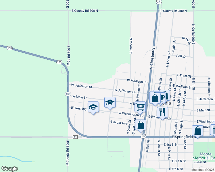 map of restaurants, bars, coffee shops, grocery stores, and more near 300-452 West Jefferson Street in Arcola