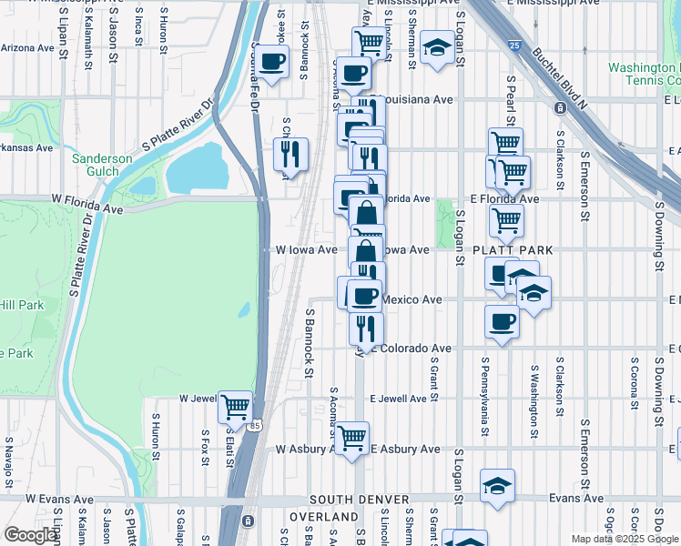 map of restaurants, bars, coffee shops, grocery stores, and more near 1630 South Acoma Street in Denver
