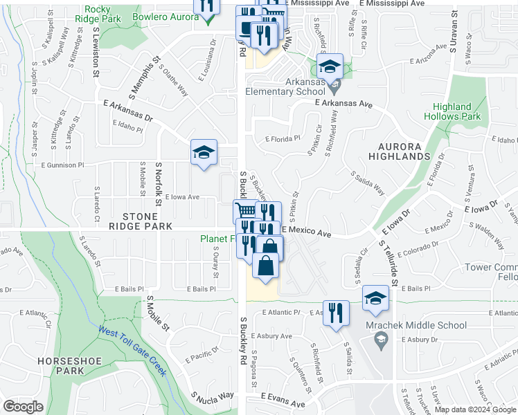 map of restaurants, bars, coffee shops, grocery stores, and more near 1634 South Buckley Circle in Aurora