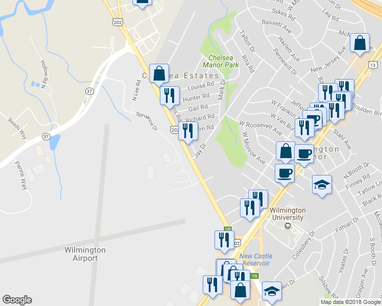 map of restaurants, bars, coffee shops, grocery stores, and more near 1 Jay Drive in Wilmington Manor