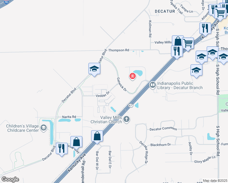 map of restaurants, bars, coffee shops, grocery stores, and more near 5300 Mendenhall Road in Indianapolis