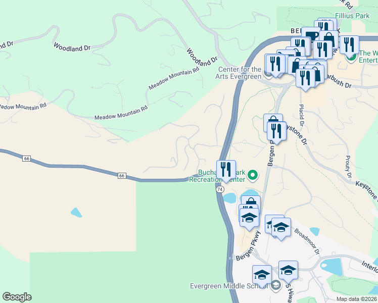 map of restaurants, bars, coffee shops, grocery stores, and more near 32500 El Diente Court in Evergreen