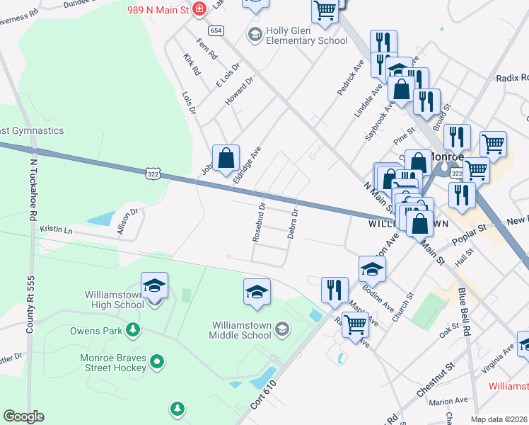 map of restaurants, bars, coffee shops, grocery stores, and more near 504 Denise Court in Monroe