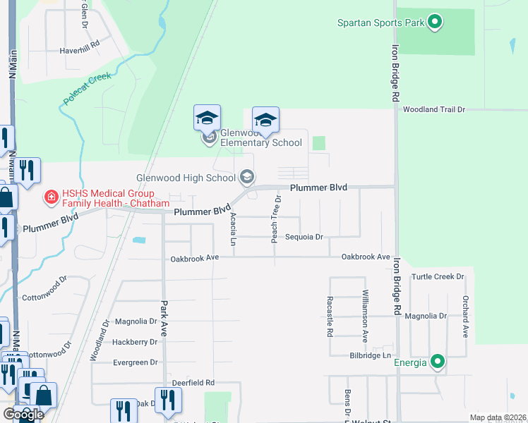 map of restaurants, bars, coffee shops, grocery stores, and more near 1418 School House Lane in Chatham