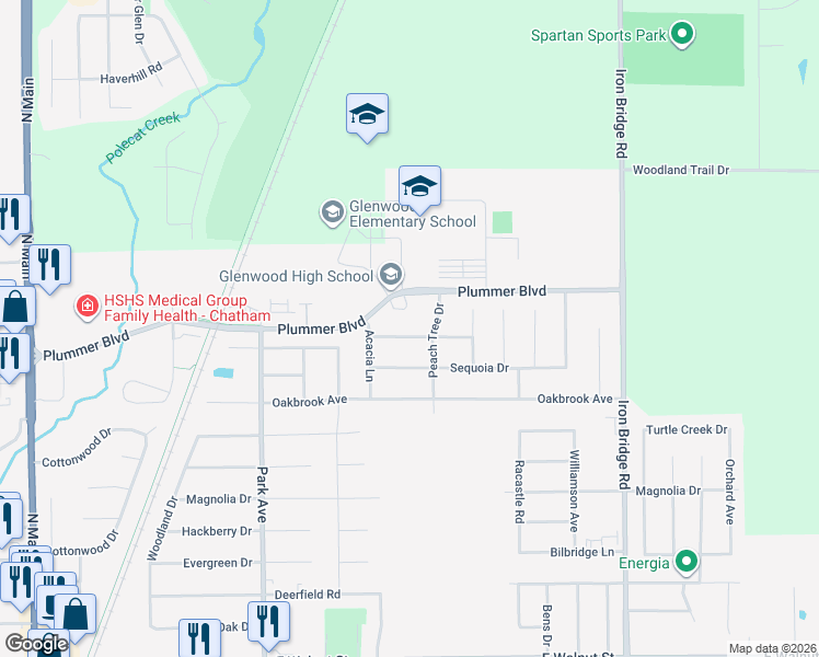 map of restaurants, bars, coffee shops, grocery stores, and more near 1418 School House Lane in Chatham