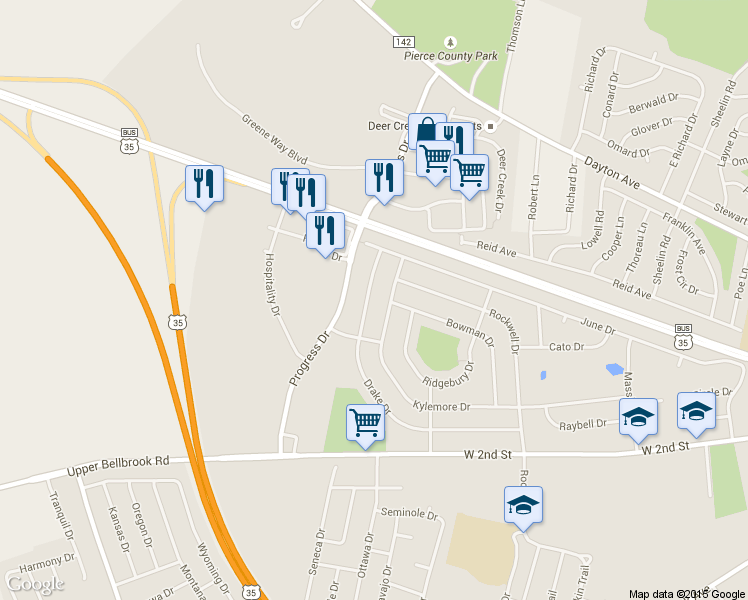 map of restaurants, bars, coffee shops, grocery stores, and more near 2148 Drake Drive in Xenia