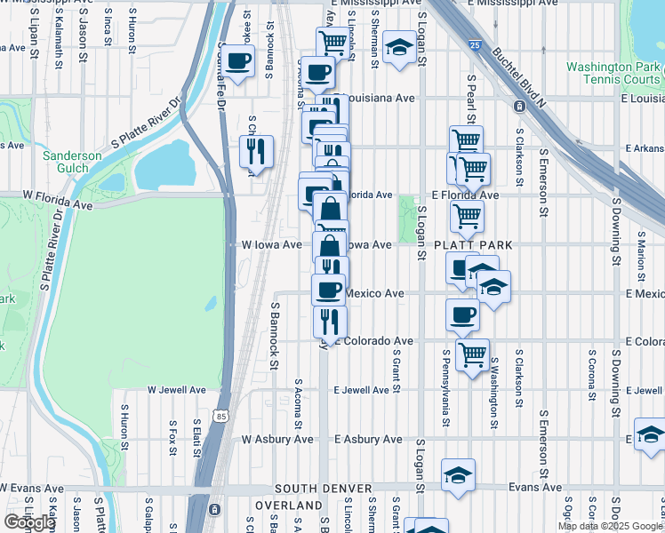 map of restaurants, bars, coffee shops, grocery stores, and more near 1631 South Lincoln Street in Denver
