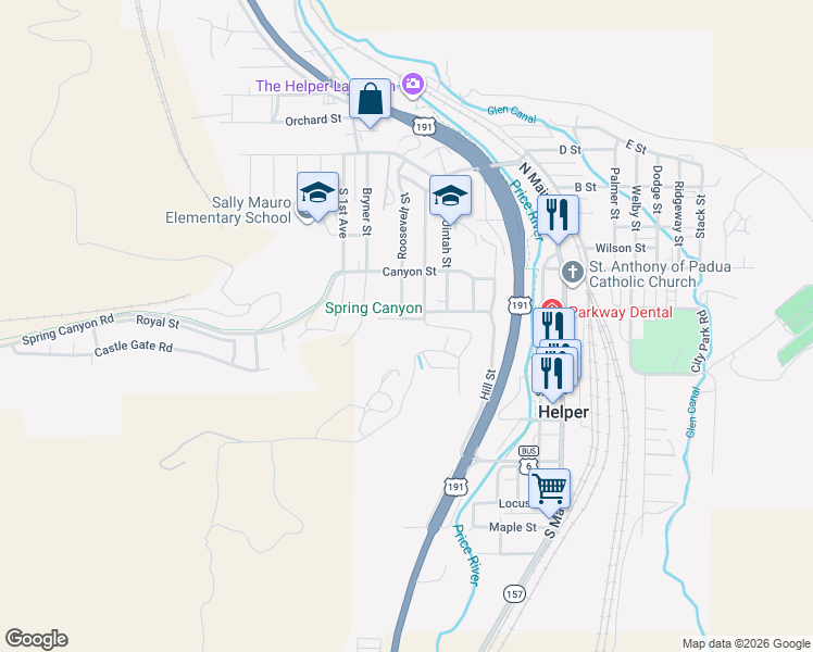 map of restaurants, bars, coffee shops, grocery stores, and more near 357 Hill Street in Helper