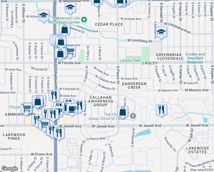 map of restaurants, bars, coffee shops, grocery stores, and more near 6910 West Calahan Avenue in Lakewood